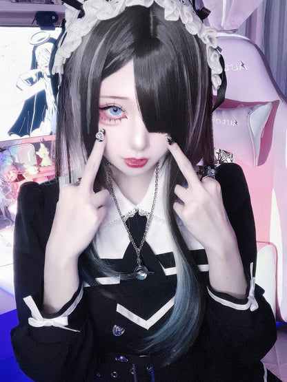 カラーブラウン 60CM 前髪ストレートオンブレブルーヘア ウィッグ付き 長さ