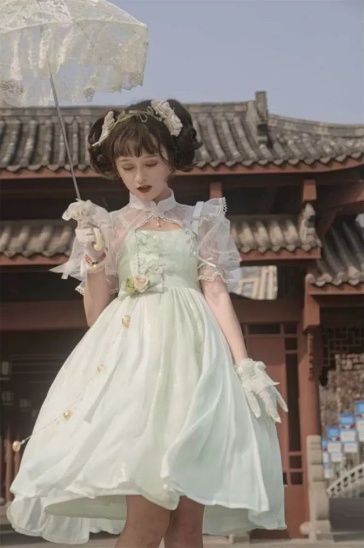 Banded Green Floral Embroidery Top Dress White Collar +