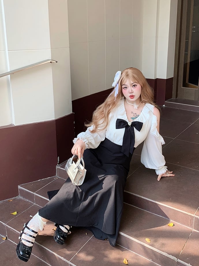 / Bowknot Detachable Shoulder Plus Size Black Waist Dress Cutout with High Pink and