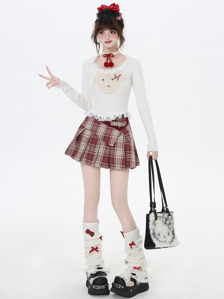 Weiß/Grau/Schwarzes Stricktop mit Plüschwelpen-Applikation und Spitzenbesatz