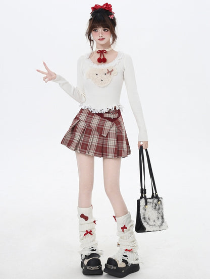 Weiß/Grau/Schwarzes Stricktop mit Plüschwelpen-Applikation und Spitzenbesatz