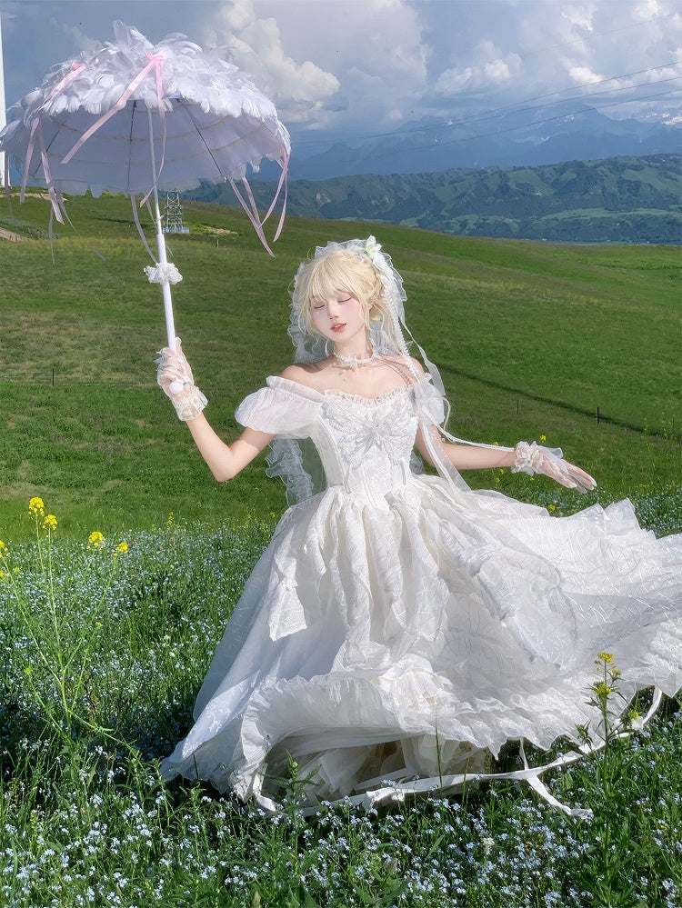 White Butterfly Motif Puff Sleeve Lolita Top and Asymmetrical Hem Skirt Set - Sweet Wood Lolita