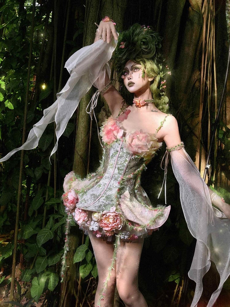 Tulle Goth Fairy Pink and Overlay Floral Green Corset Boned Forest + Petticoat Sleeves