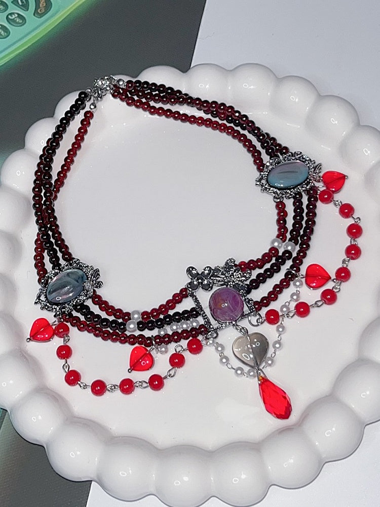 Black Necklace Y2K Punk Rhinestone Beaded Heart Pendant Red