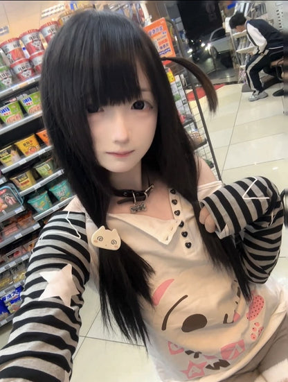Asymmetric Striped White Partial Heart Buttons Sleeves Top: Neckline Shaped Starry Alt-Kawaii