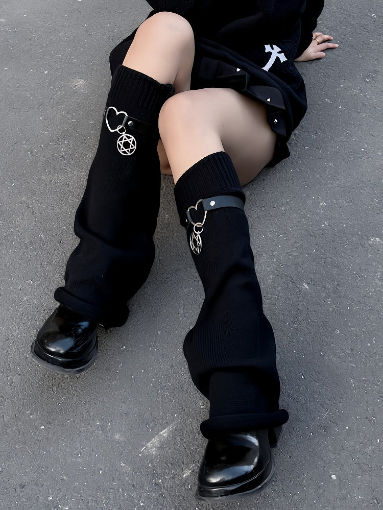 Y2K Schwarze Pentagramm Charm Strap Design Strick-Beinswärmer