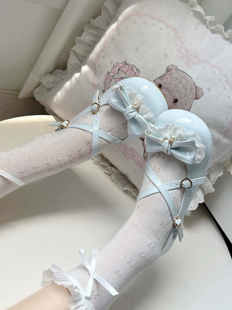 Lolita Snap Janes 2.5cm with Heart-shaped Crisscross Straps Low-heel Sweet Mary Blue