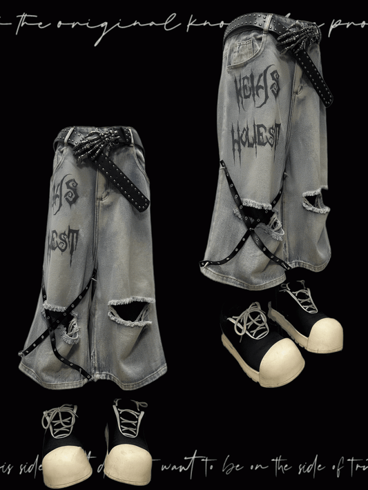 ブルーのクロスストラップデザイン、ダメージ加工の穴あきパンクジーンズ、Y2K