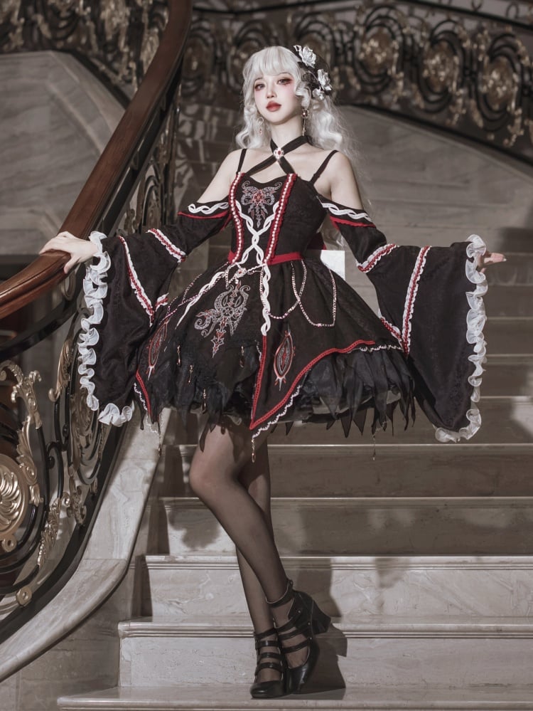 Black and Red Halter Neck Cthulhu Vibes Lolita Dress with Detachable Bell Sleeves