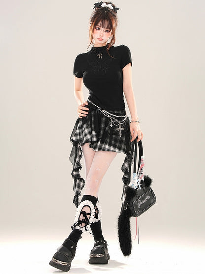 ブラック/ホワイト バタフライ モックネック Tシャツ 背中にレースパッチワーク