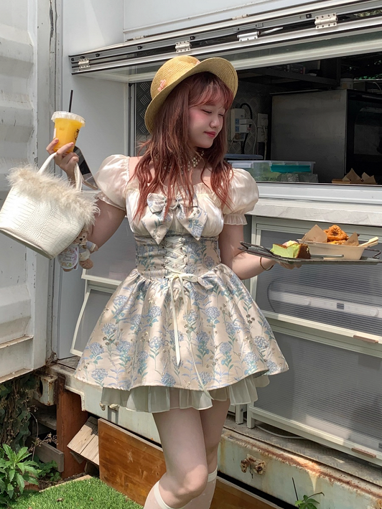 Floral Sleeve Lace-Up Blue Dress Puff with Front Jacquard Waist