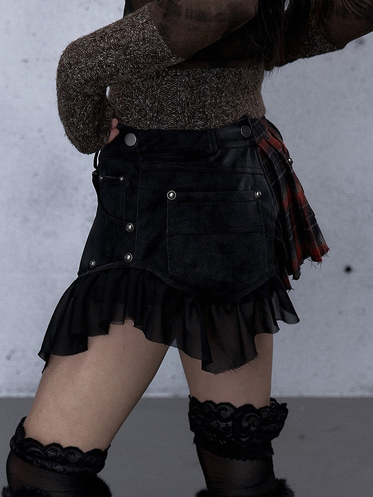 Punk Ruffled Mini Red Detachable Plaid Front Panel - Rock Skirt Black