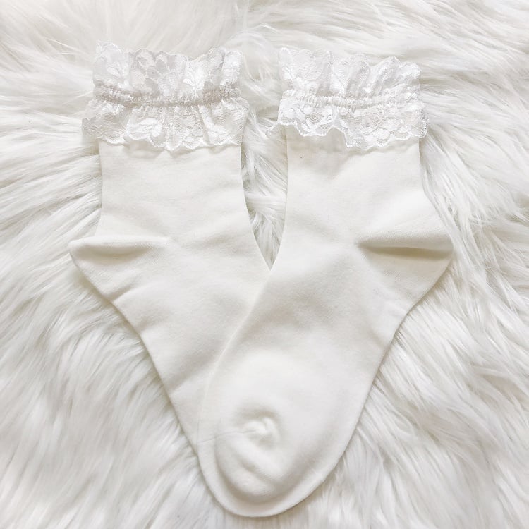 4 Chaussettes Lolita en Coton à Bordure Dentelle de Couleurs Variées