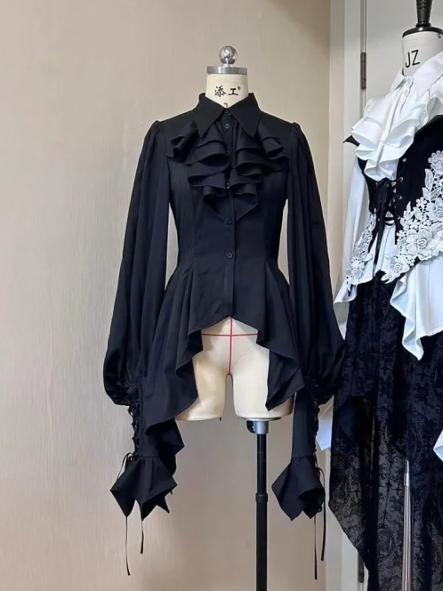 Foldover Pointed Lolita Ouji Long Shirt Sleeves Black Jabot Collar