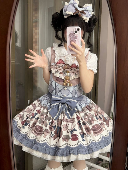 Print Stickerei Overall Süßes blaues Teddykleid Pilz Lolita Ausschnitt