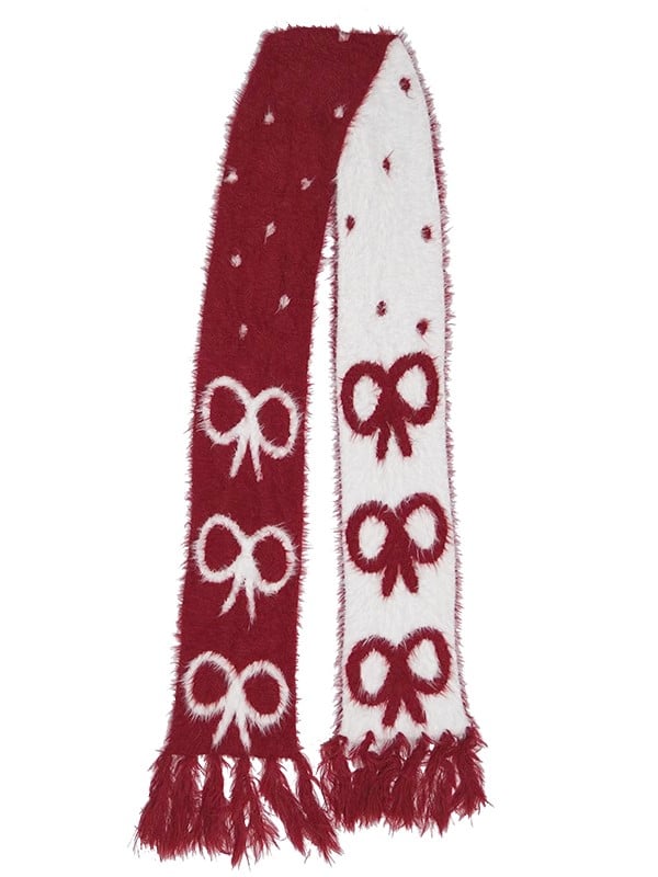 Long Fringe Scarf with Bow Pattern Festive Christmas Red