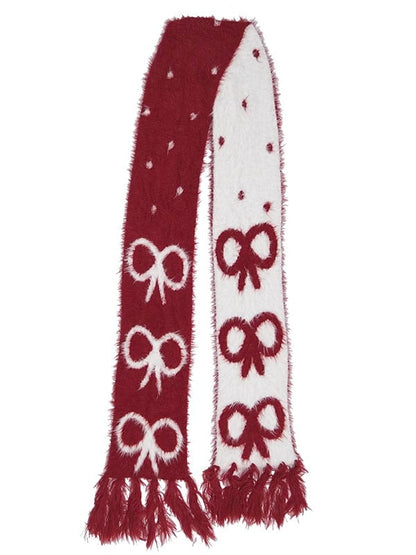 Long Fringe Scarf with Bow Pattern Festive Christmas Red