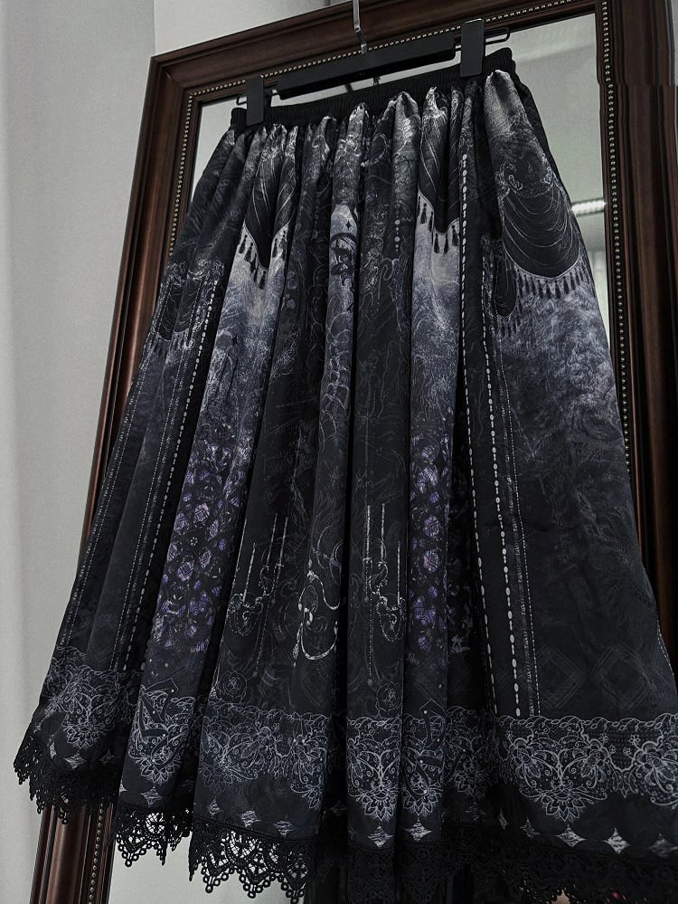 Gothic Print Skirt with Lolita and Elastic Waist Butterfly Ribs