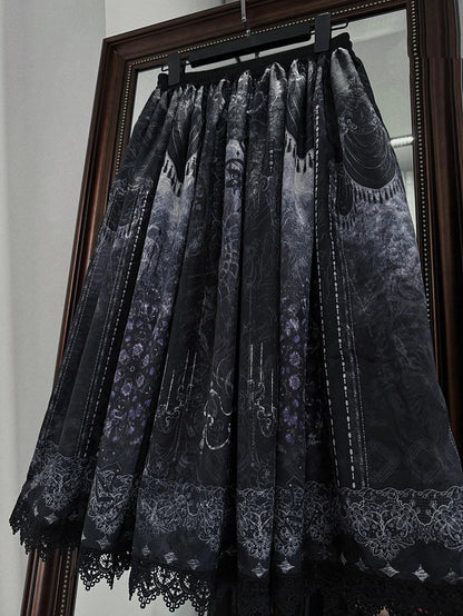 Gothic Print Skirt with Lolita and Elastic Waist Butterfly Ribs