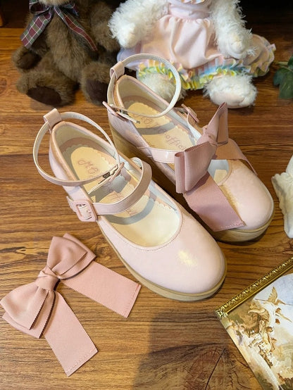 Lolita Decor Grain Wood in Sweet Leather Horse Platform Rocking Shoes PU Detachable Sole Bow - Pink