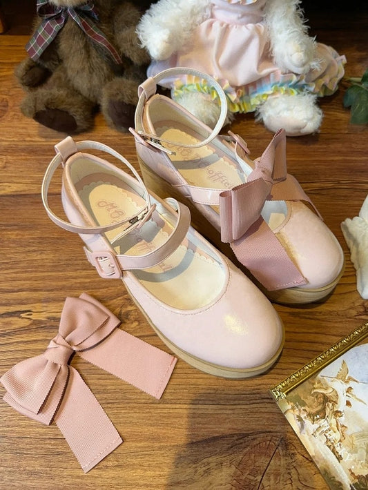 Lolita Decor Grain Wood in Sweet Leather Horse Platform Rocking Shoes PU Detachable Sole Bow - Pink