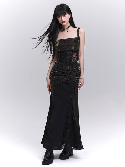 Taillenkordelzug Schwarze Spitze Hüfte Ärmelloses Kleid Patches