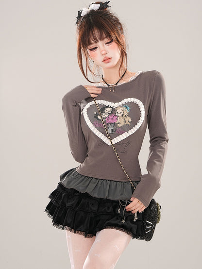 Grey/White Puppies Print Ruffle Hem Slim-fit T-shirt