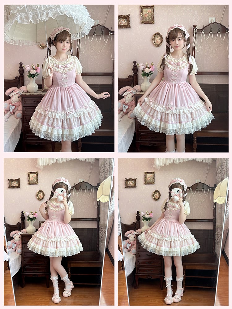 OP Stufen-Spitzenbesatz Hellrosa Süßes Lolita-Kleid Puffärmel Schleife