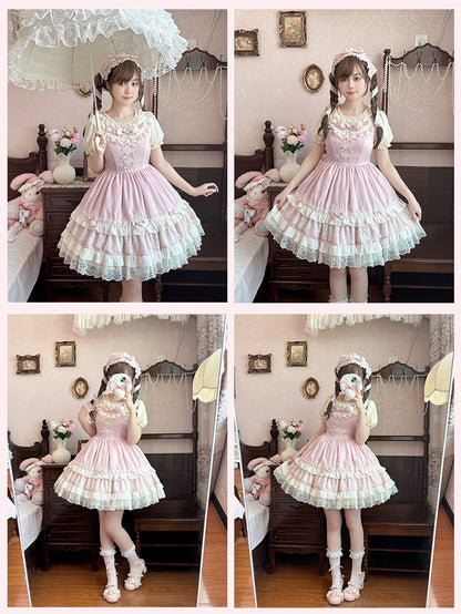 OP Stufen-Spitzenbesatz Hellrosa Süßes Lolita-Kleid Puffärmel Schleife