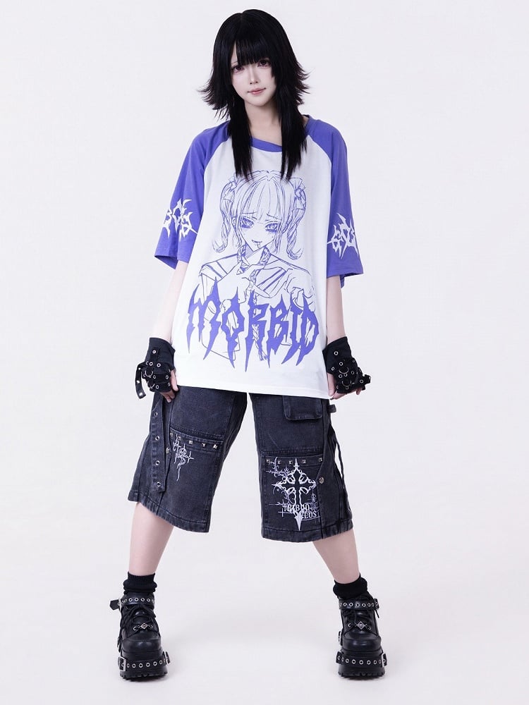 Purple Anime Girl Print Short-Sleeve Tee - Tribuo Flos