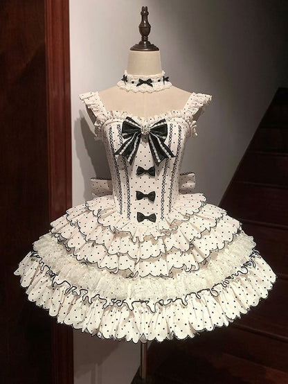 Sweet Lolita Polka Dot Dress with Versatile OP/JSK Design and Tiered Hem White