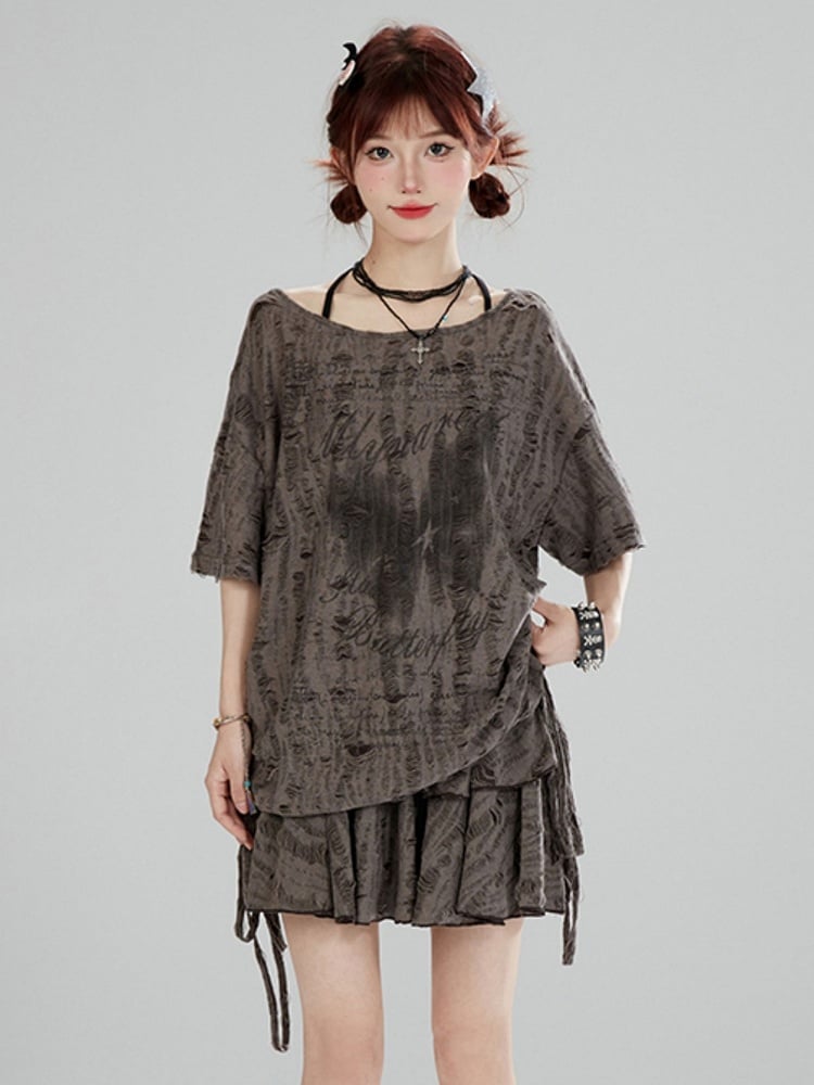 T-shirt Wasteland Butterfly Drawstrings Gray Punk Print with