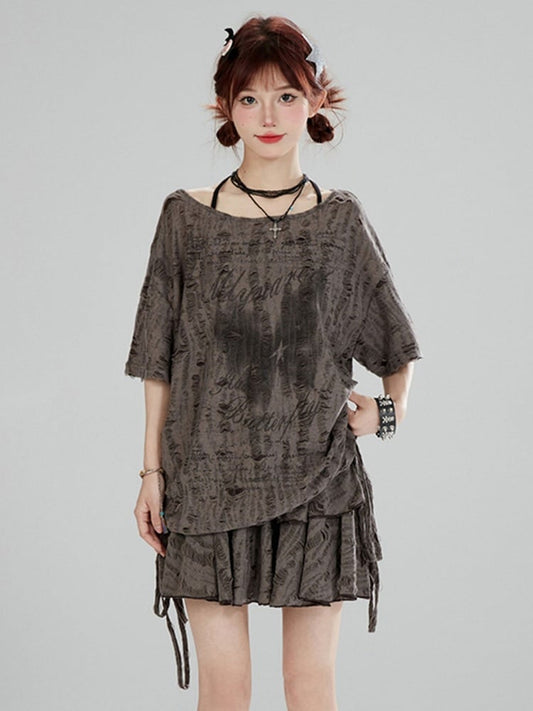 Elastic Y2K Punk Skirt Mini Tiered Waist with Wasteland Gray