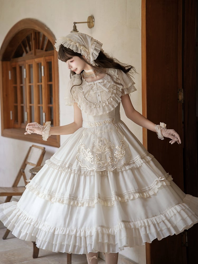 Beige Dots Tulle Flutter Sleeve Lolita Dress - Green Castle