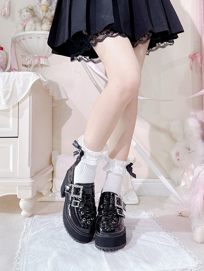 - Platform Rhinestone Kei Jirai Loafers Heel Black Strap Block Buckles High Polished Crisscross Detail