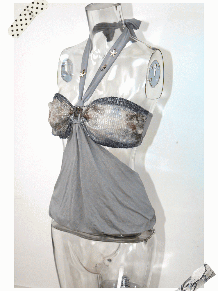 Rhinestone Ruched Sequin Gray Starfish Bralette with Top Halter Accents