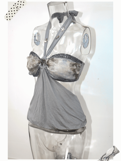 Rhinestone Ruched Sequin Gray Starfish Bralette with Top Halter Accents