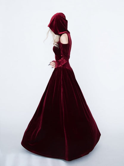 Dress Gothic Cutout Style Red Medieval Vampire with Shoulder Witch Velvet Hooded -