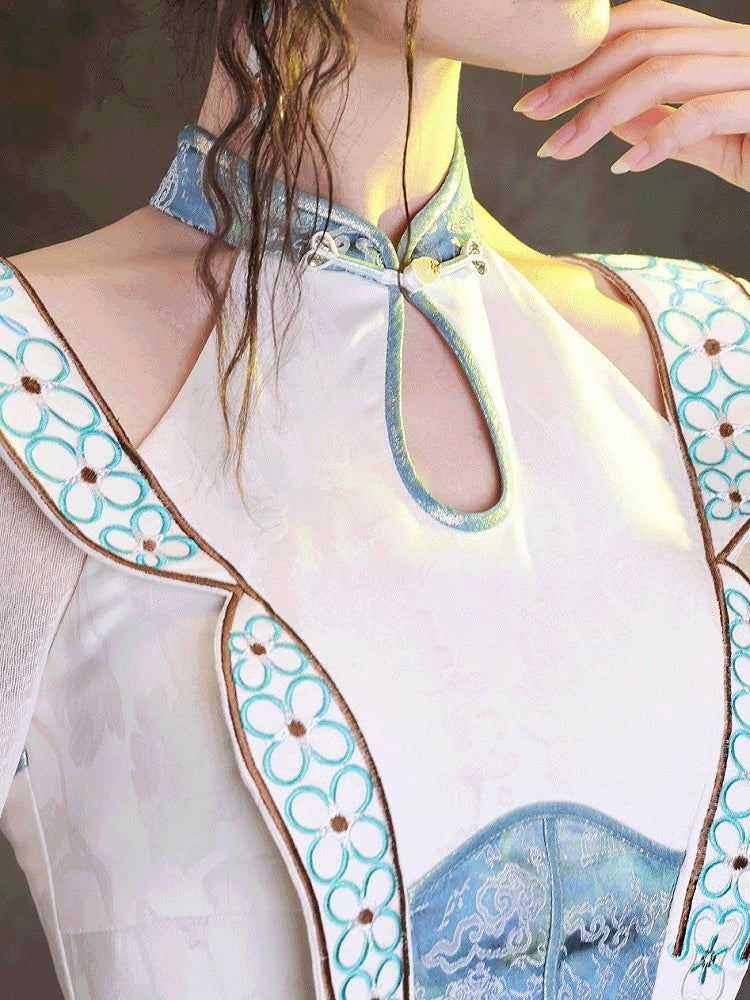 Elegant Blue & White Jacquard Long Cheongsam Gown with Cutout Accents - sijinstudio