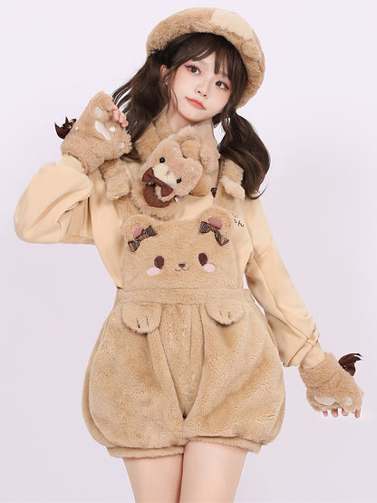 Kaffeefarbene, süße Teddybär-Kurzoverall-Shorts mit Schleifendetails