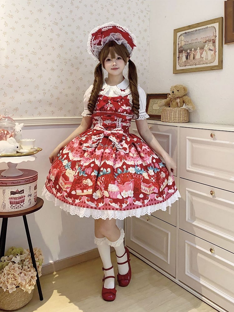 Lolita Dessertkleid mit süßem Erdbeer-Print in Rot