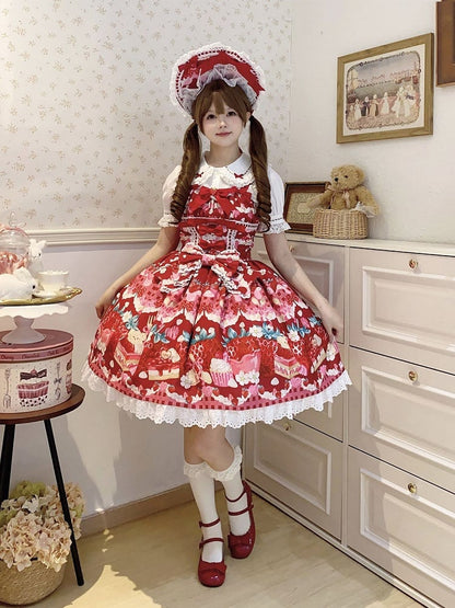 Lolita Dessertkleid mit süßem Erdbeer-Print in Rot