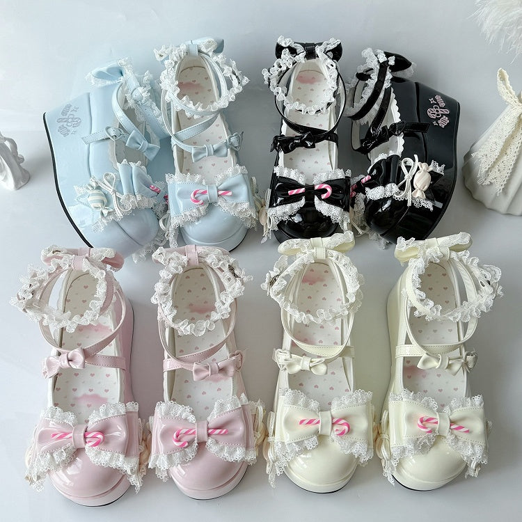 Sweet with Theme Mary Bow PU Lolita Trim Lace Candy Janes Platform Accents Pink -