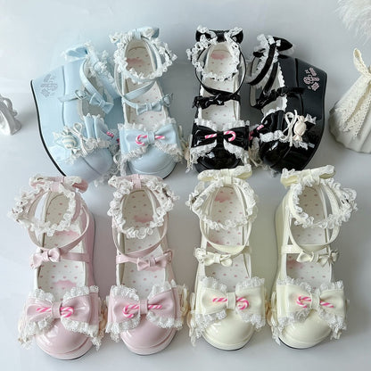 Sweet with Theme Mary Bow PU Lolita Trim Lace Candy Janes Platform Accents Pink -