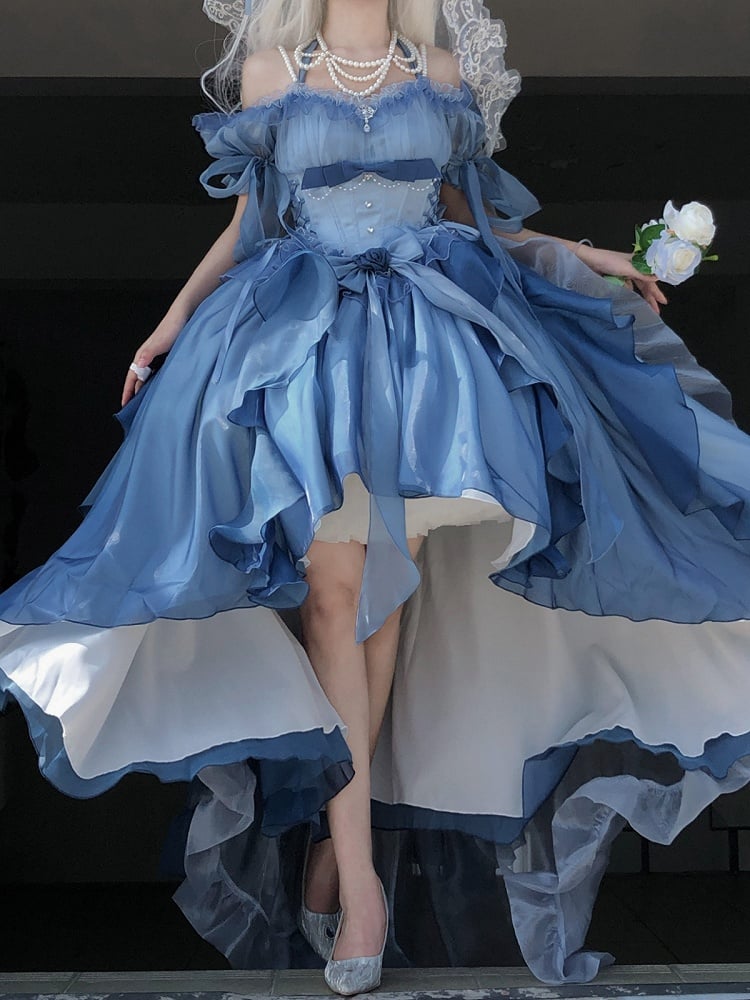 Lolita Pearl Chain Layers Bowknot Dress High-low Blue with Details Lace Sleeves Puff