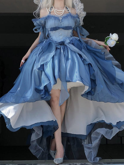 Lolita Pearl Chain Layers Bowknot Dress High-low Blue with Details Lace Sleeves Puff