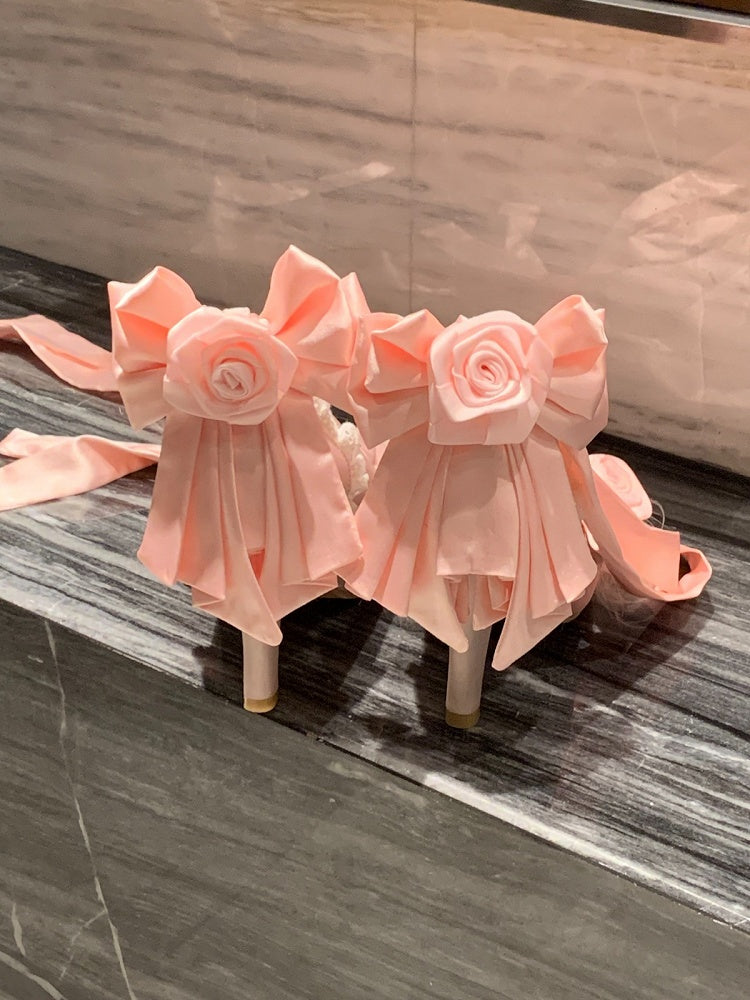 Sweet Lolita Pink Rose & Bead Embellished 9.5cm High Heels with Bowknot at Back - Cheese Mango