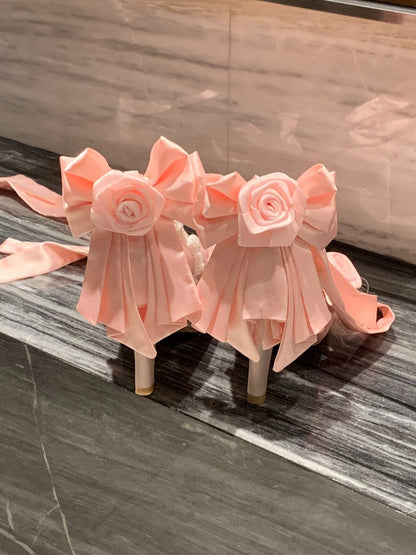 Sweet Lolita Pink Rose & Bead Embellished 9.5cm High Heels with Bowknot at Back - Cheese Mango