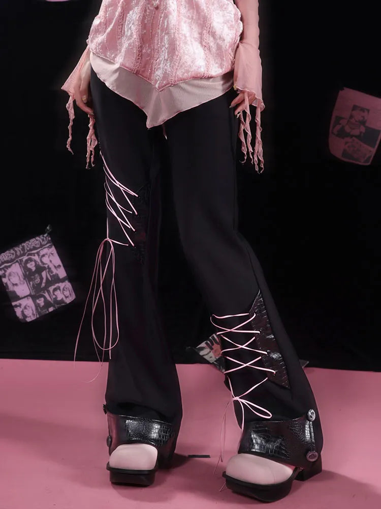 フレアディテール レースアップパンツ ブラック