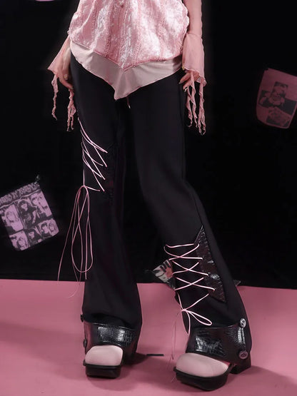 フレアディテール レースアップパンツ ブラック